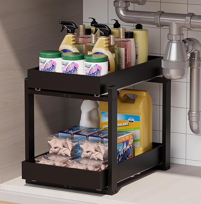 Bamboo Wood Under Sink Organizer 1 Pack, Pull Out Cabinet Organizer 2 Tier by LONTAI