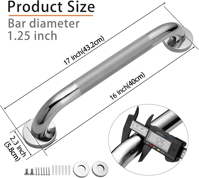 Shower Grab Bar, 2 Pack 16 Inch Bathroom Grab Bar, 1.25" Diameter 304 Stainless - Image 2