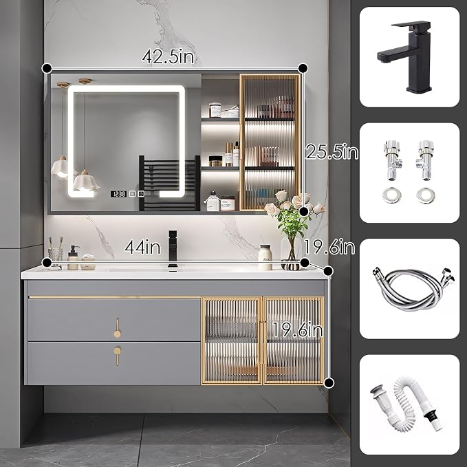 44" Bathroom Vanity with Sink, Floating Bathroom Cabinet Include Smart LED - Image 2