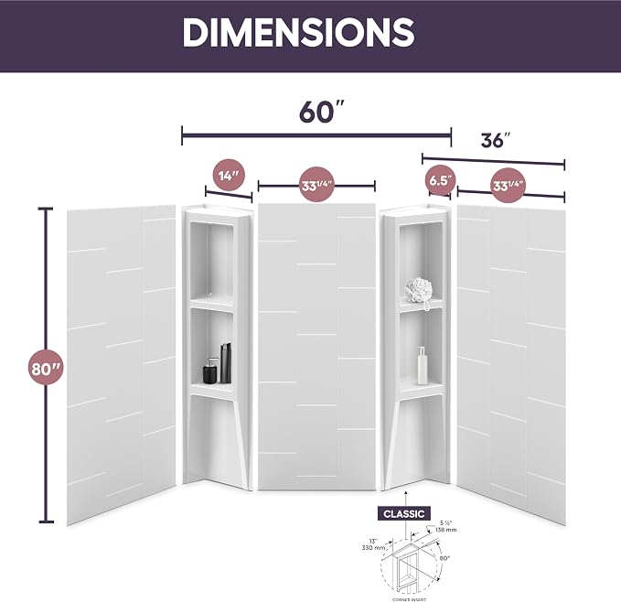 White Acrylic Shower Wall Surround 36"x 60"x 80" - Image 3