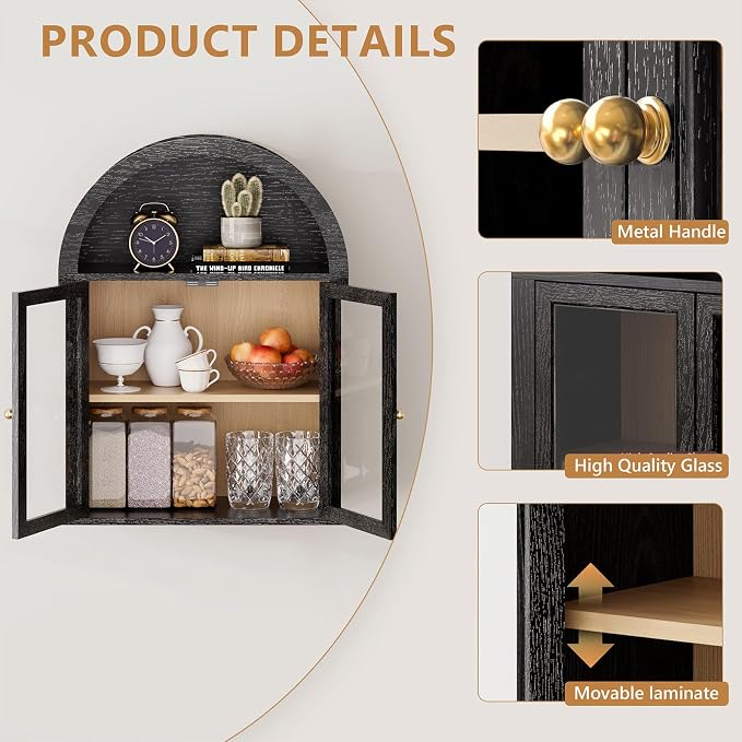 Black Arched Wall Cabinet, Glass Display Wall Mounted Cabinet - Image 4