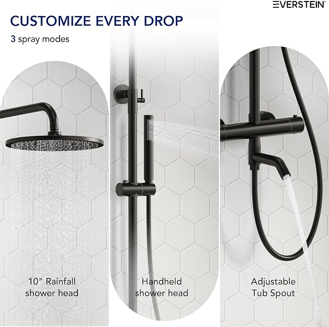 Exposed Shower System with Tub Spout, EVERSTEIN 10 inch High Pressure Shower - Image 3