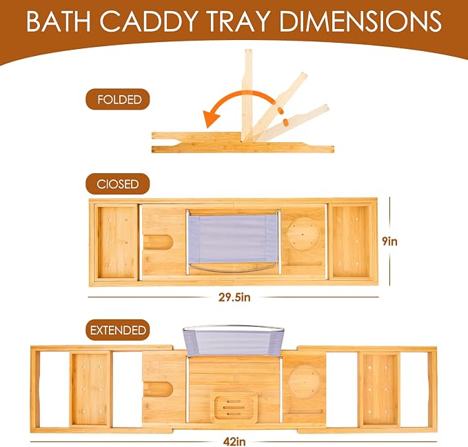 Foldable Bathtub Caddy Tray, Bamboo Bath Tub Tray Table - Image 4