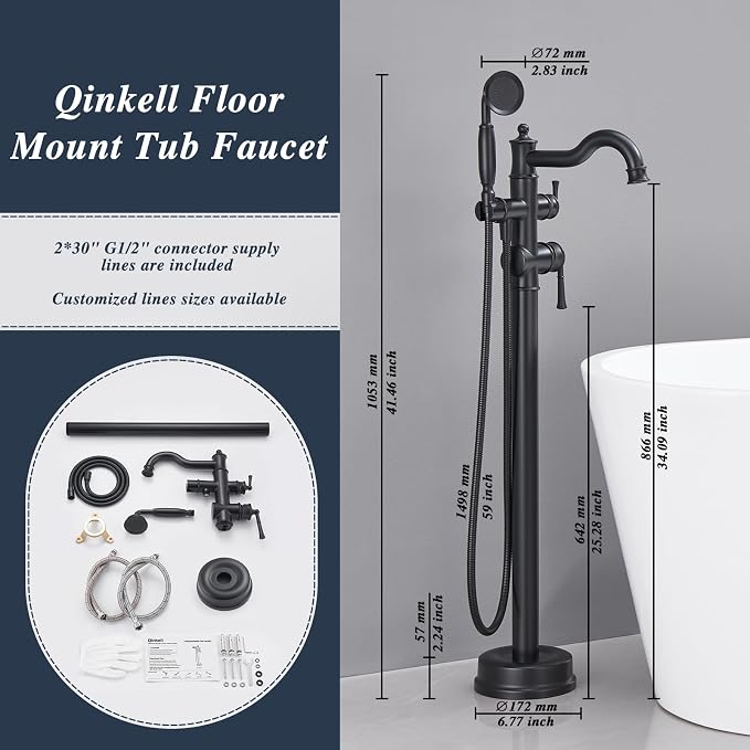 Free Standing Tub Faucet, Qinkell Classic Elegant Gooseneck Freestanding - Image 6
