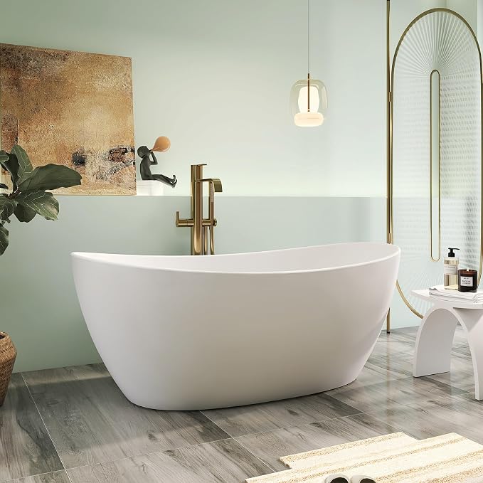65" Premium Solid Surface Freestanding Bathtub, Contemporary Design Stand Alone - Image 3