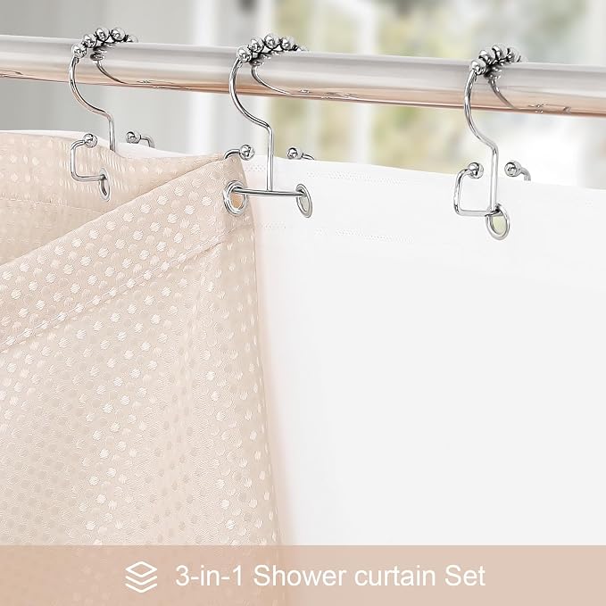 3 in 1 Shower Curtain Set, Blush Pink Waffle Shower Curtain and PEVA Liner Set - Image 2