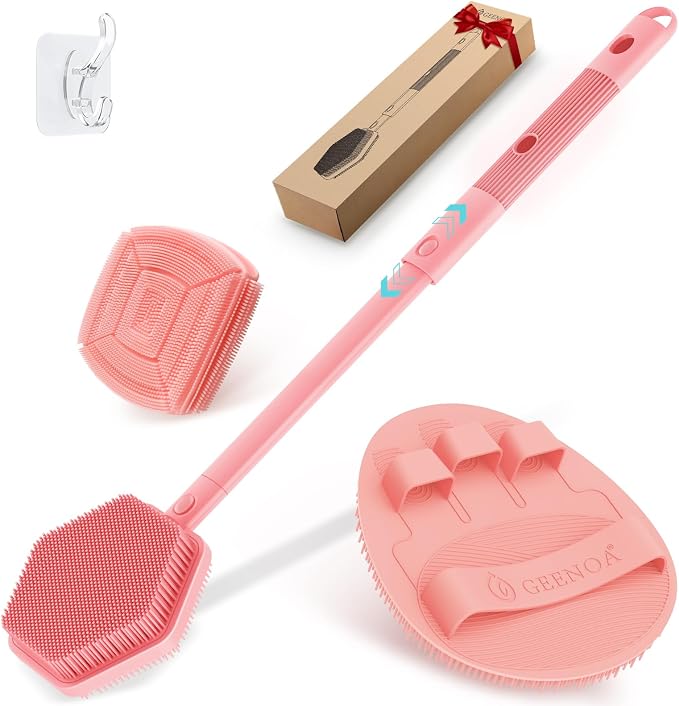 Silicone Back/Face Scrubber & Bath Glove Set 3PCS, Extendable Back Scrubber by GEENOA