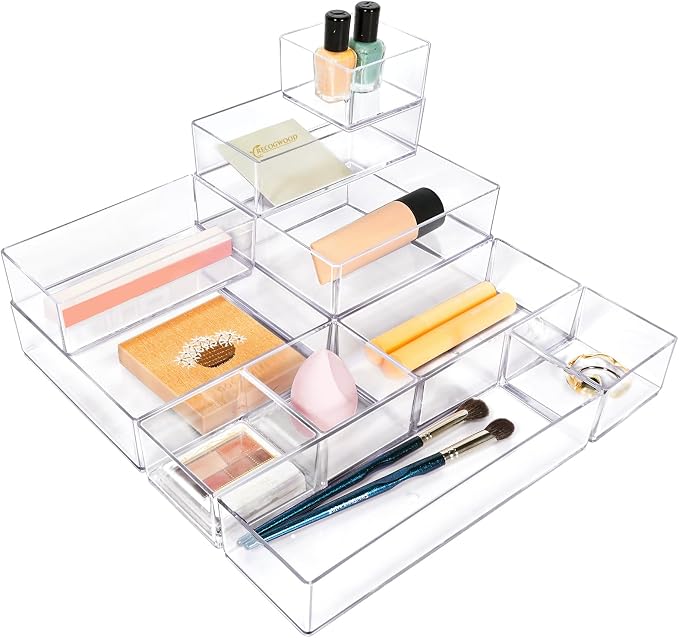 Stackable Acrylic Drawer Organizer Set, Office Desk, Vanity and Kitchen Utensils by Recogwood