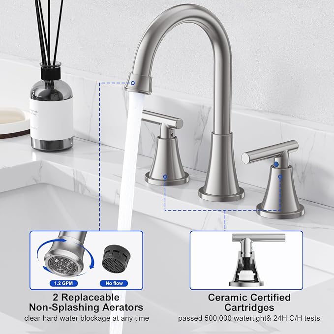 Bathroom Faucets for Sink 3 Hole, Hurran Brushed Nickel Bathroom Sink Faucet - Image 4