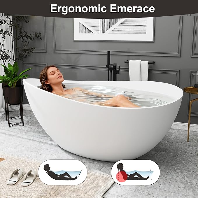 63 Inch Stone Resin Freestanding Bathtub, Modern Oval Soaking Bathtubs Tubs - Image 3
