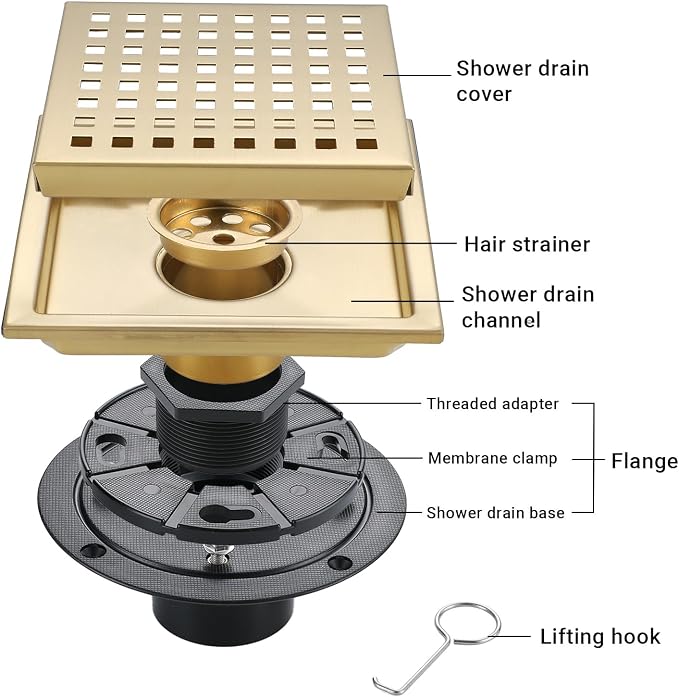 4 Inch Square Shower Floor Drain, Stainless Steel Black Shower Drain Kit - Image 3