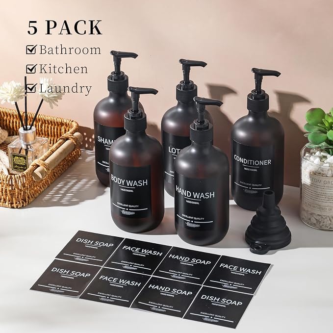 Refillable Matte Amber Plastic Shampoo and Conditioner Bottles, - Image 2
