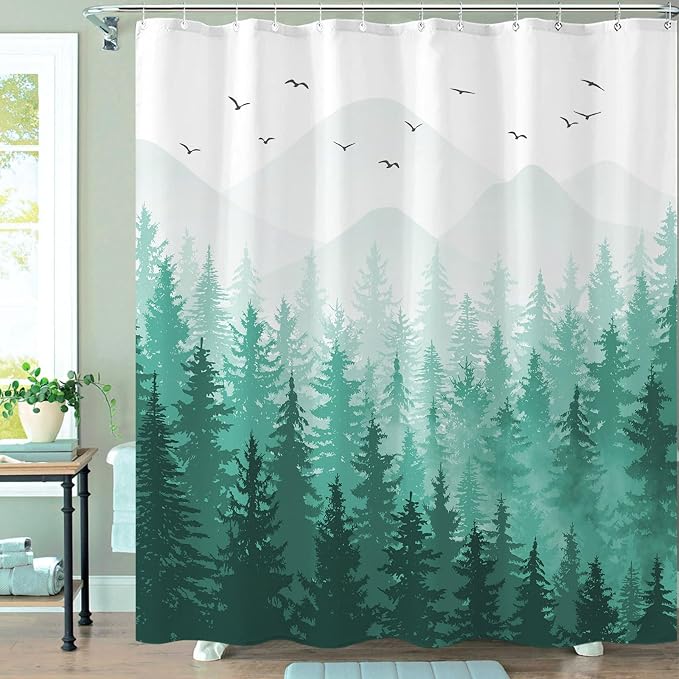Aipon Teal Misty Forest Shower Curtain Ombre Nature Tree Plants Shower Curtains - Image 3