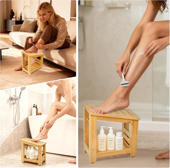 Shower Foot Rest, Small Bamboo Foot Stool - Image 4