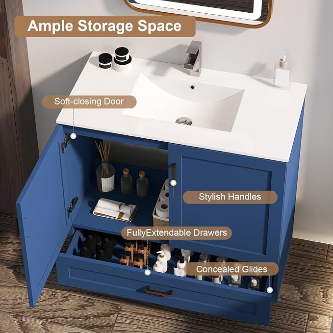30 inch Bathroom Vanity with Sink, Modern White Vanity - Image 5