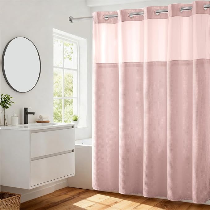 River Dream No Hooks Required Dotted Pink Shower Curtain by RiverDream