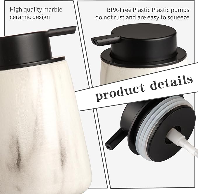 Enra Ceramic Foaming Soap Dispenser, 12 oz Marble Foam soap Dispenser Bathroom - Image 4