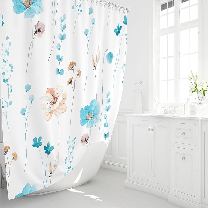 Gibelle Watercolor Floral Shower Curtain, Light Blue Beige Flower Shower Curtain - Image 2