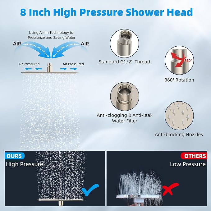 Hibbent All Metal Rain Shower Head, Solid Brass Adjustable Shower Arm Extender - Image 2
