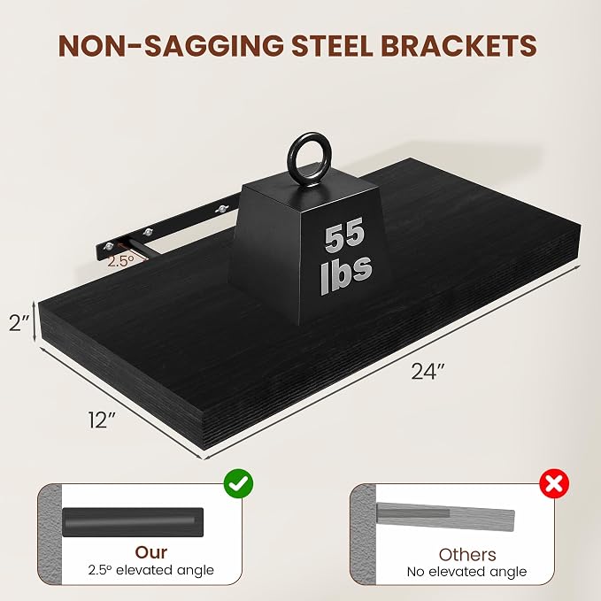 Black Floating Shelves for Wall 24 Inches Long, Heavy Duty Shelf for Bedroom - Image 3