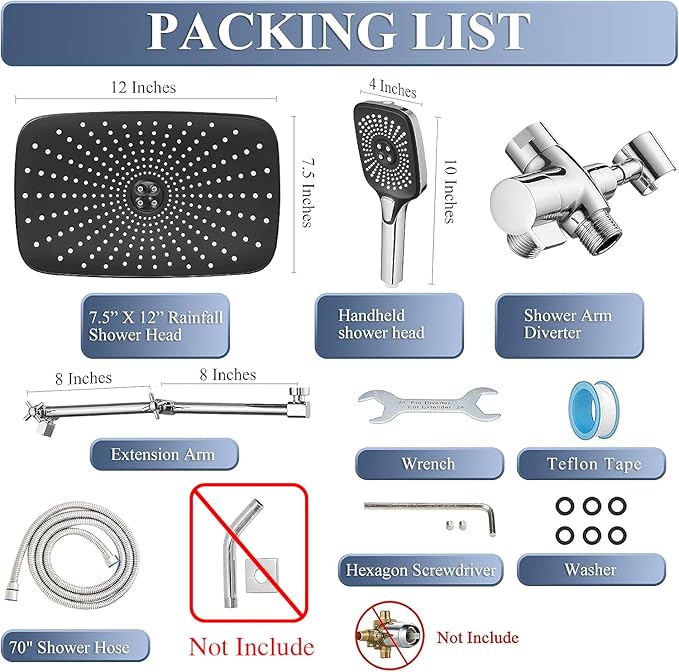 12 Inch Rain Shower Head with Handheld Spray Combo and Extention Arm, High - Image 7