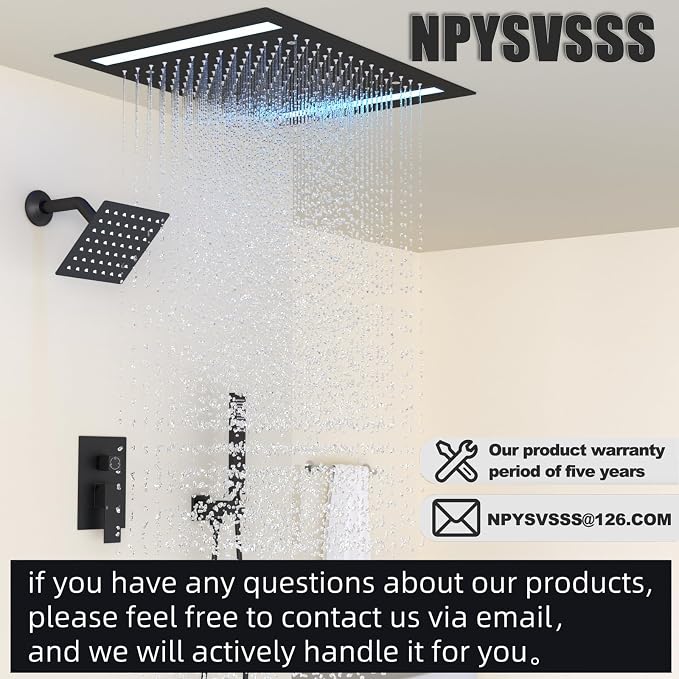 Rain Shower Head System with 14x20 Inch Ceiling Mount LED Head & 6 Inch Wall - Image 9