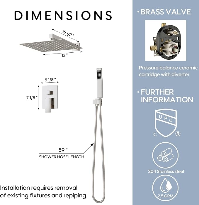 WELLFOR 12-In Wall Mounted Rain Shower Faucet - Image 10