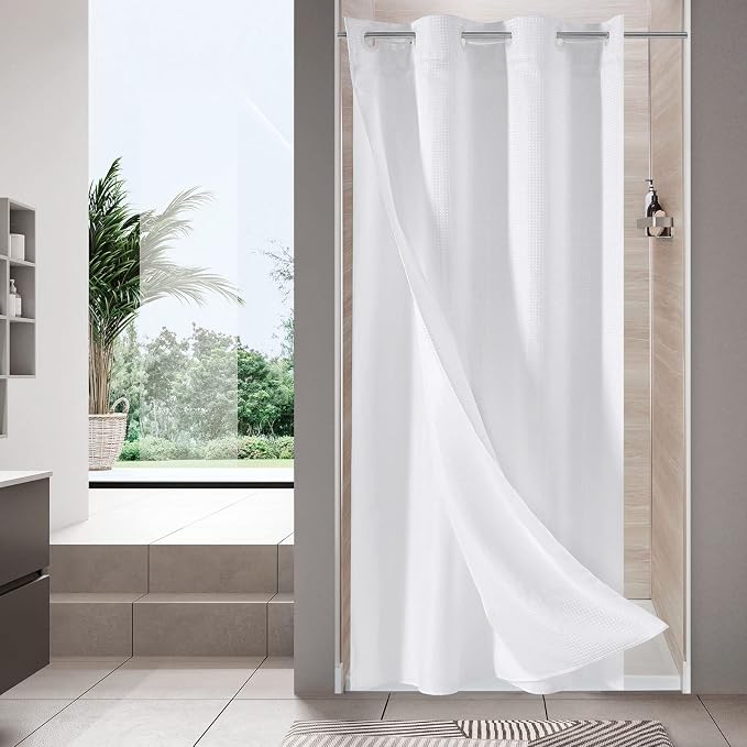 MitoVilla White Waffle Small Stall Shower Curtain Liner Set 36 x 74, No Hooks by MitoVilla