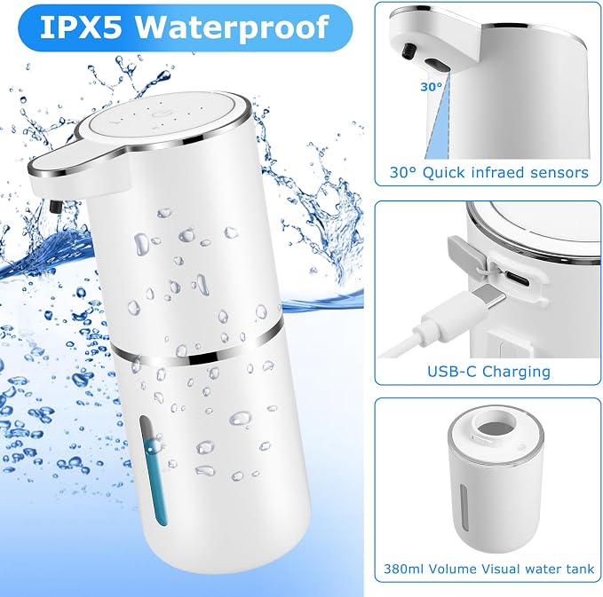 4 Pack Automatic Soap Dispensers, 12.8oz/380ml USB Touchless Automatic Foaming - Image 4