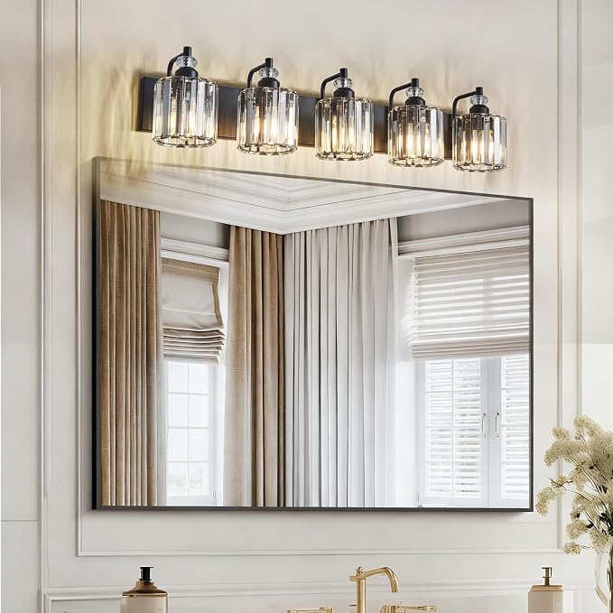 5-Light Black Bathroom Light Fixtures Over Mirror Modern Vanity Lights Crystal - Image 7