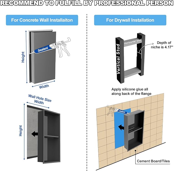 304 Stainless Steel Shower Niche Insert-Glossy Black 24 x 12" No Tile Needed - Image 9