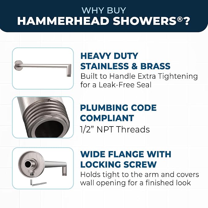 HammerHead Showers® Solid Metal 16 Inch Extended Shower Arm and Flange - Image 2