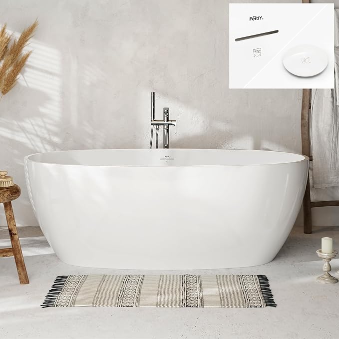 FerdY Tahiti 67" Freestanding Bathtub Elegant Oval Shape, Glossy White Double by FerdY