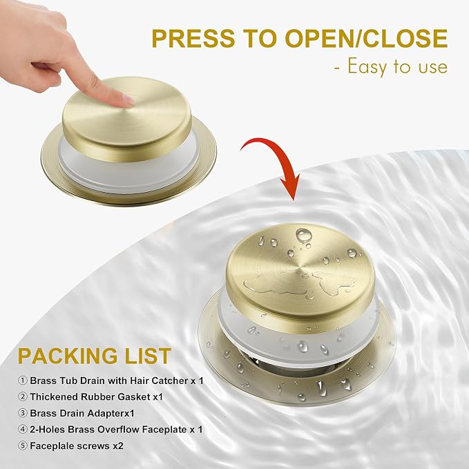 Brushed Brass Bathtub Drain Stopper and Overflow Kit, Solid Brass Tip-Toe Bath - Image 4