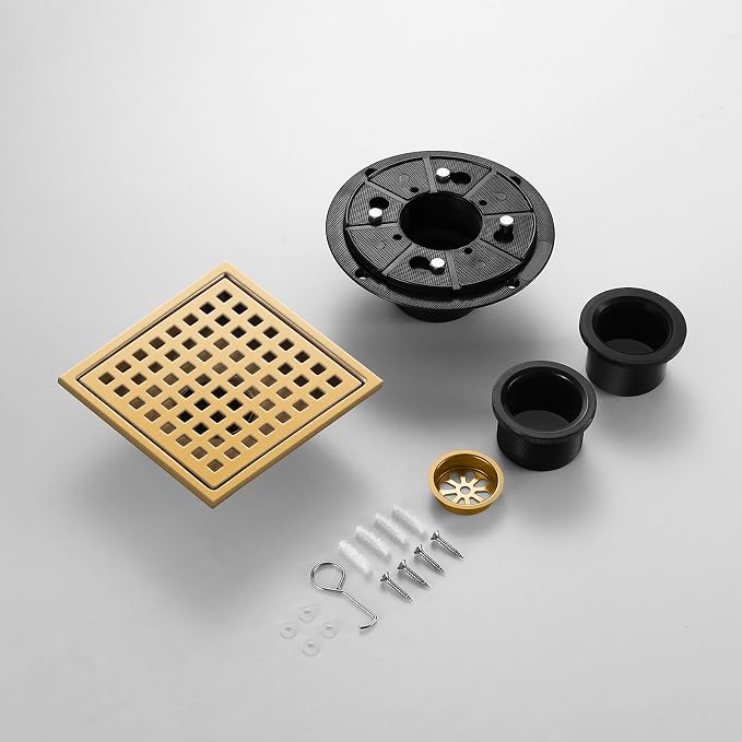 Shower Drain, Brushed Gold 6 inch Shower Floor Square Drain - Image 4