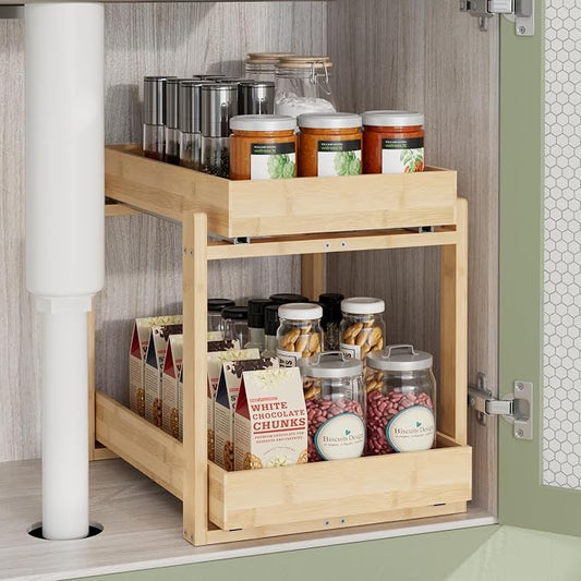 2 Pack Under Sink Organizer, Bamboo Wooden 2-Tier Pull-Out Storage by HEALTHYYOU