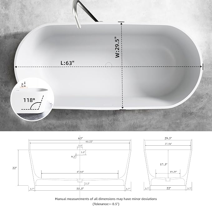 63'' Freestanding Solid Surface Resin Stone Bathtub, Freestanding Tub, - Image 6