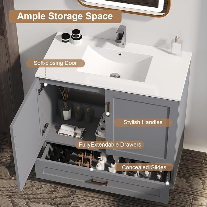 30 inch Bathroom Vanity with Sink, Modern White Vanity - Image 5