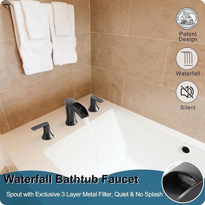 Oil Rubbed Bronze Waterfall Tub Faucet 3 Hole, Brass High Flow Roman Bathtub - Image 2