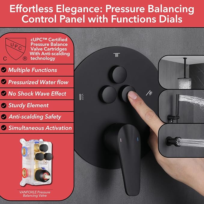 VANFOXLE Shower Faucet Set Matte Black Shower System, Push Button Diverter - Image 5