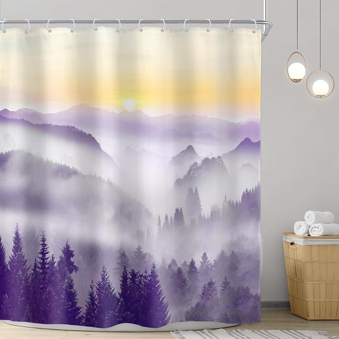 Riyidecor Misty Mountain Shower Curtain 72Wx72H Inch Purple Sunrise Nature - Image 2