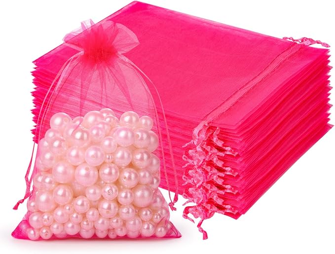 Hopttreely 100pcs Organza Drawstring Gift Bags, 4 x 4.72 inch Mesh, Hot Pink by Hopttreely