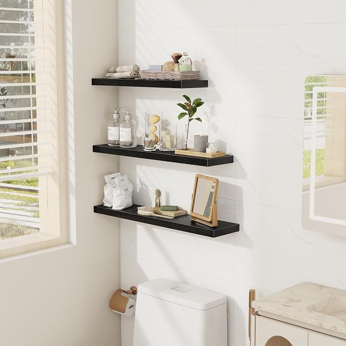 Fun Memories Black Floating Shelves Wall Shelf 24 Inch Long, Rustic Bathroom - Image 2