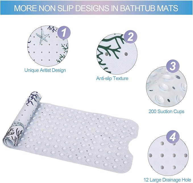 Seahorse Bathtub Mat Non Slip for Kids 40x16in Extra Long Anti Slip Bath Mat - Image 4