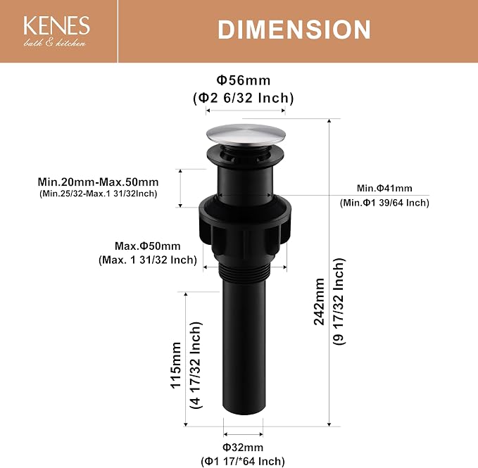 KENES Bathroom Vessel Sink Pop Up Drain Without Overflow Assembly, Lavatory - Image 6