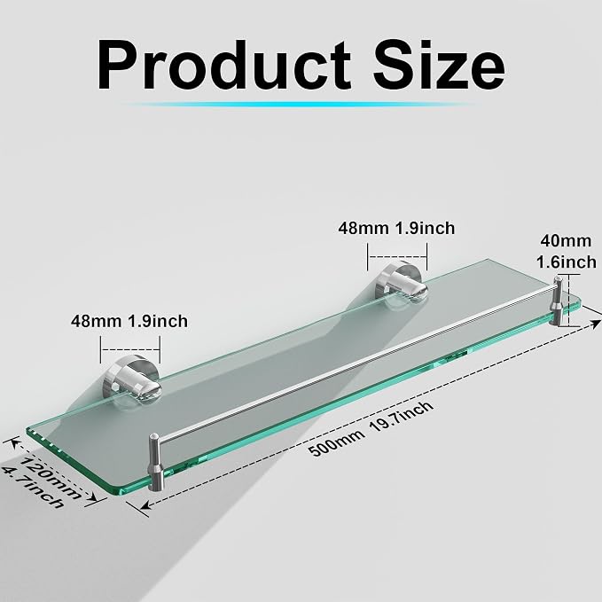 20 Inches Glass Shelves for Bathroom, Chrome Polished Floating Glass Shelf - Image 3