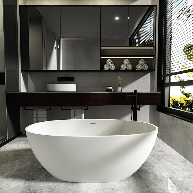 Cpingao 59" Freestanding Bathtub, Oval Shaped Stone Resin Freestanding Tubs - Image 7