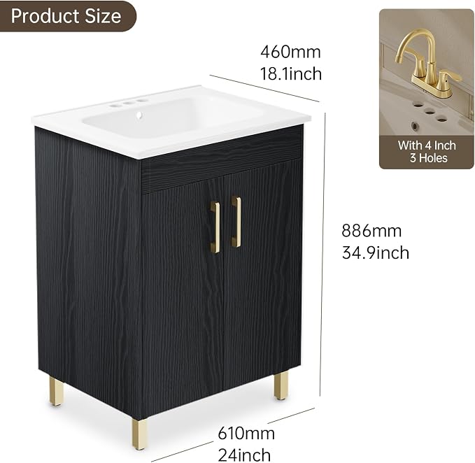phiestina Fully Pre-Assembled Black 24 Inch Bathroom Vanity - Image 3