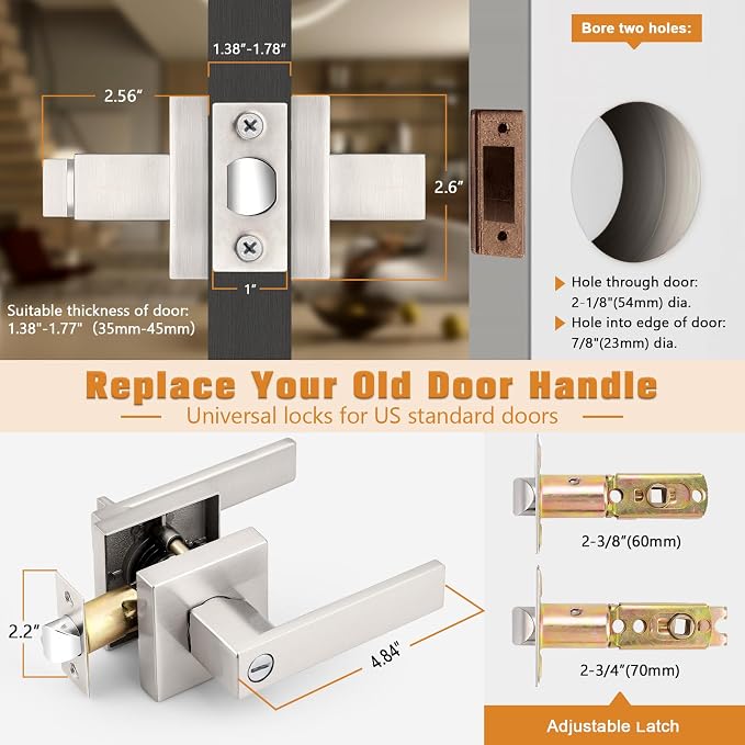 Probrico Interior Brushed Nickel Door Handle, Heavy Duty, Flat Square Privacy - Image 7