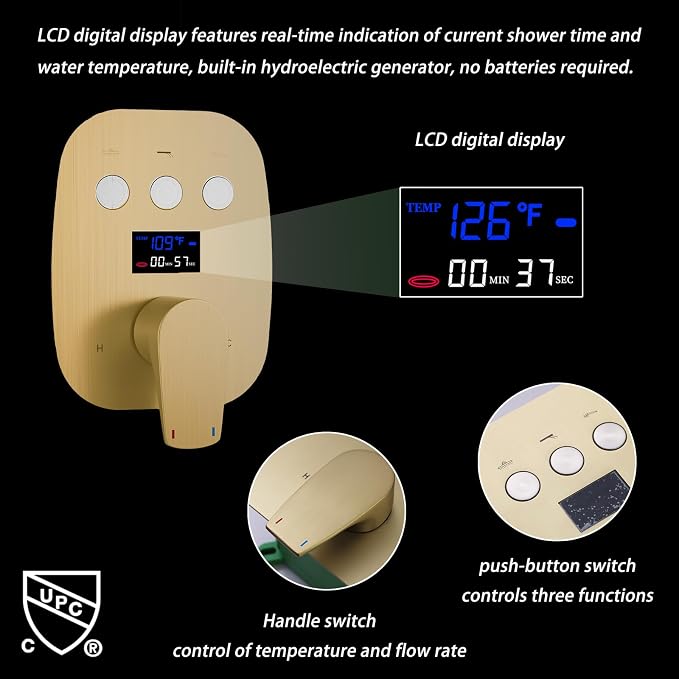 Brushed Gold Shower System Set Temperature Display Push Button Shower Faucet - Image 2